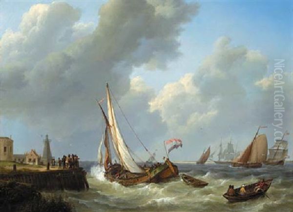 Spectators On A Jetty Watching Sailing Vessels On A Choppy River Estuary Oil Painting by Johannes Hermanus Koekkoek Snr