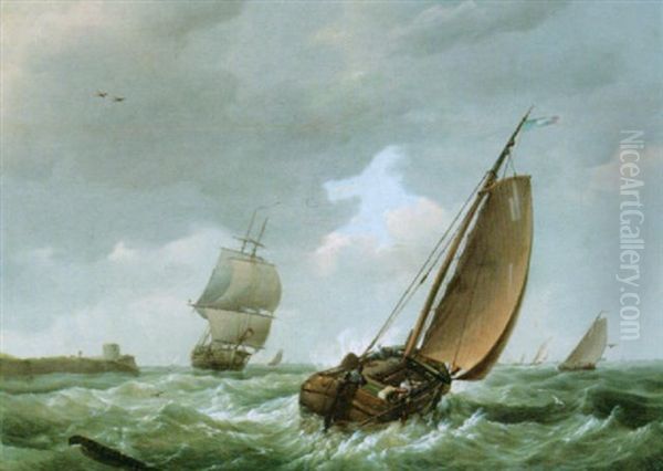 Sainling Boats On A Choppy Sea Oil Painting by Johannes Hermanus Koekkoek Snr