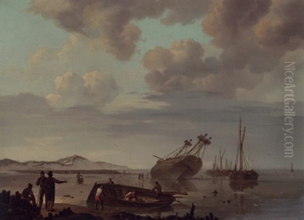 De Gestrande Boot: A Beached Three-master With Beachcombers Along The Shore Oil Painting by Johannes Hermanus Koekkoek Snr