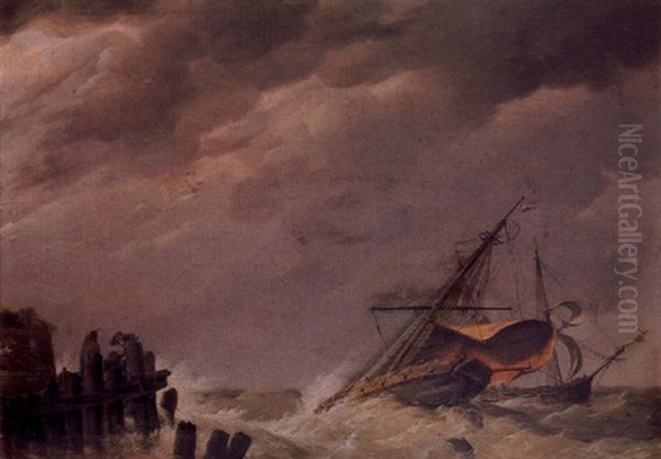 Dutch Vessels In A Squall With Figures On A Wooden Jetty Oil Painting by Johannes Hermanus Koekkoek Snr