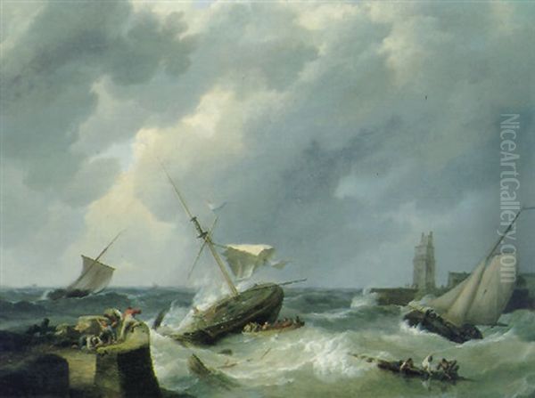 Dutch Barges Caught In A Squall Oil Painting by Johannes Hermanus Koekkoek Snr