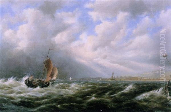Shipping Off The Coast In A Stiff Breeze Oil Painting by Johannes Hermanus Koekkoek Snr
