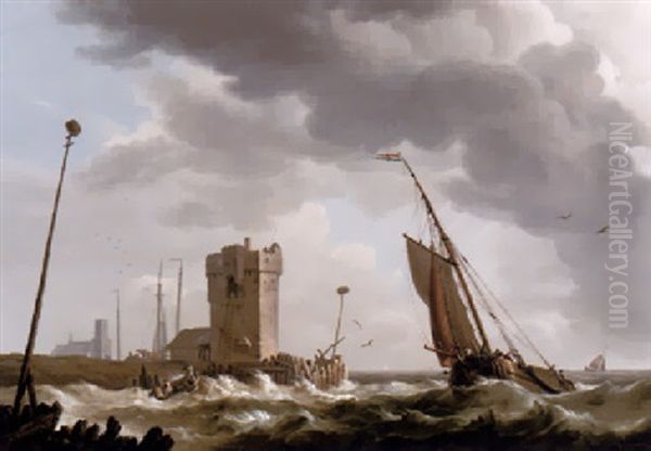 Heimkehrende Kustenfischer, In Sturmischer See, Vor Hafenanlage Mit Wachturm Oil Painting by Johannes Hermanus Koekkoek Snr