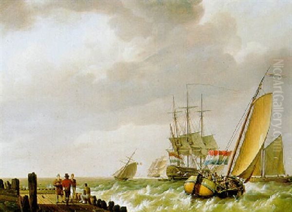 Zeilshepen Voor De Kust Oil Painting by Johannes Hermanus Koekkoek Snr