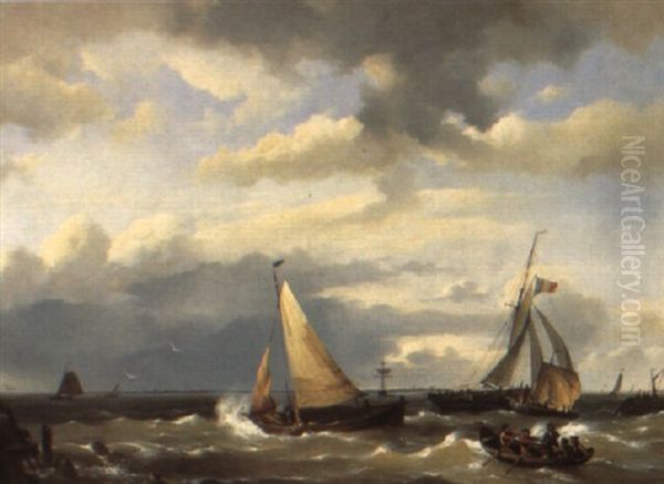 Shipping On An Estuary Oil Painting by Johannes Hermanus Koekkoek Snr