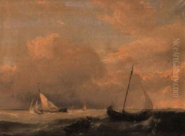 Dutch Barges In A Stormy Estuary Oil Painting by Johannes Hermanus Koekkoek Snr