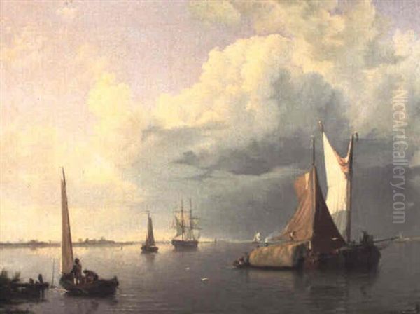 Navires Et Bateaux De Peche Par Matin Calme Oil Painting by Johannes Hermanus Koekkoek Snr