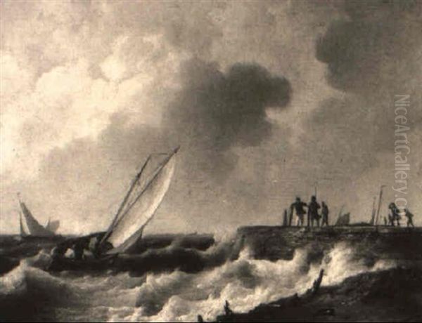 Sailing Off The Harbour Wall Oil Painting by Johannes Hermanus Koekkoek Snr