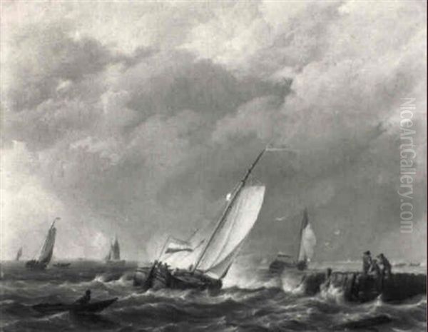 Dutch Fishing Pinks Tacking Off The Coast In A Stiff Breeze Oil Painting by Johannes Hermanus Koekkoek Snr