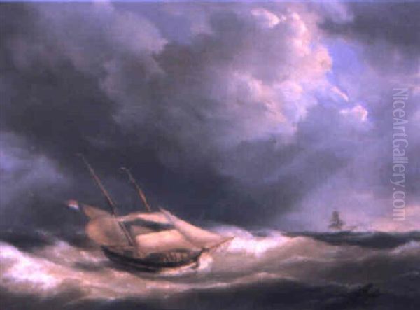 A Dutch Sailing Vessel In A Heavy Swell Oil Painting by Johannes Hermanus Koekkoek Snr