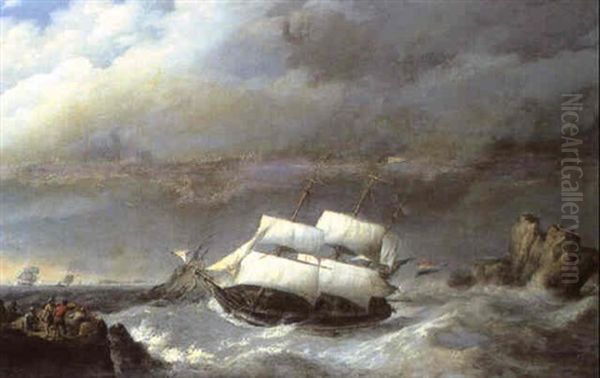 Dutch Shipping Off A Rocky Coastline Oil Painting by Johannes Hermanus Koekkoek Snr