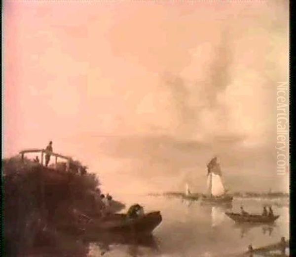 A Riverlandscape With Fishermen In A Rowing Boat            By A Bridge And Various Shipping, At Sunset. Oil Painting by Johannes Hermanus Koekkoek Snr