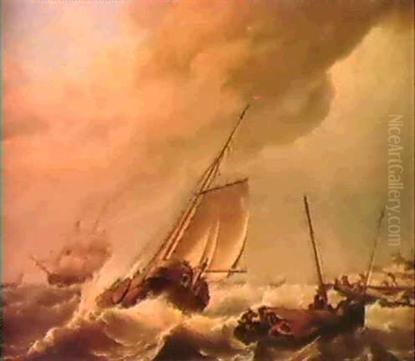 Shipping On A Rough Sea Oil Painting by Johannes Hermanus Koekkoek Snr