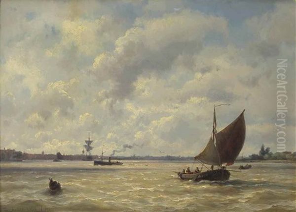 A Capriccio View With Ships On The Nieuwe Maas, Rotterdam Oil Painting by Johannes Hermanus Barend Koekkoek
