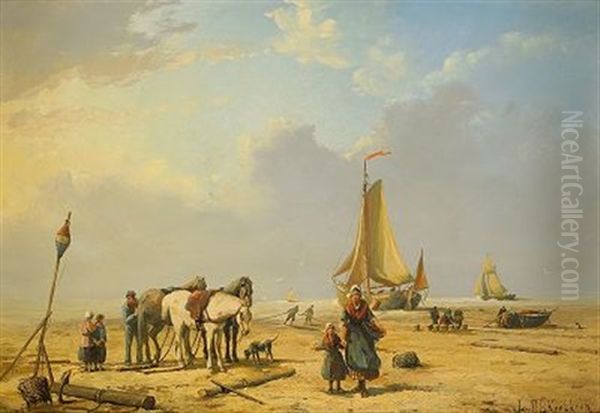 Strandbild Med Figurer Oil Painting by Johannes Hermanus Barend Koekkoek