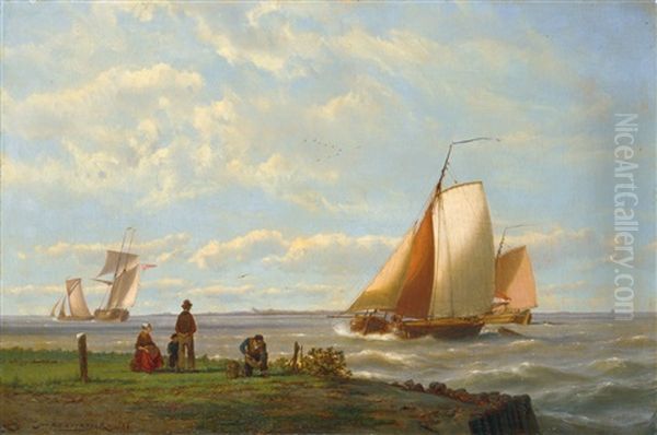 Fischerboote An Der Kuste Oil Painting by Johannes Hermanus Barend Koekkoek