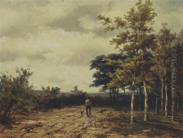 A Peasant And His Dog On A Path Oil Painting by Johannes Hermanus Barend Koekkoek