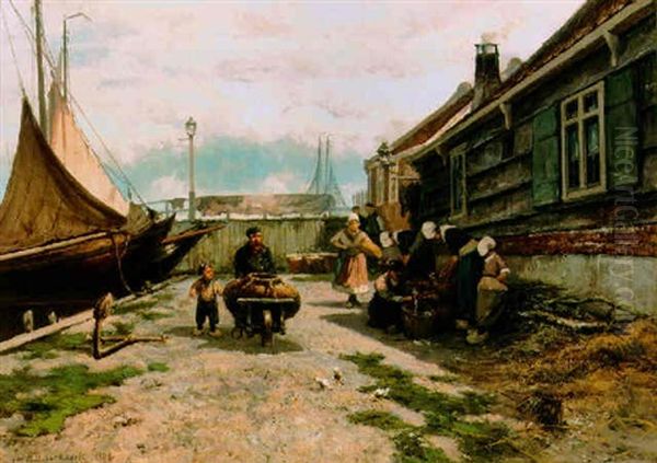 Fisherfolk On A Quay, Marken Oil Painting by Johannes Hermanus Barend Koekkoek