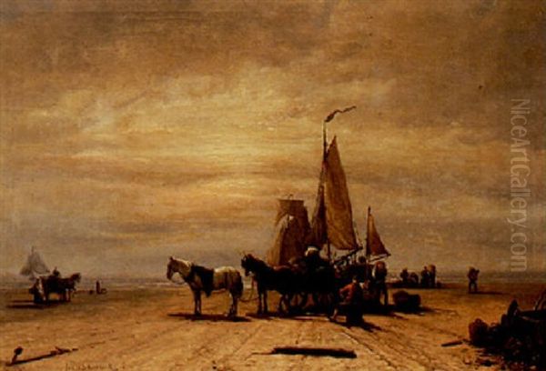 Fishermen On The Beach Oil Painting by Johannes Hermanus Barend Koekkoek