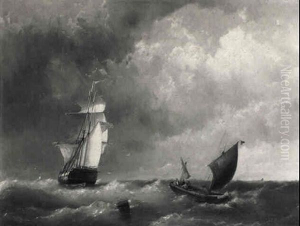 A British Man-of-war Outwardbound On A Rough Sea Oil Painting by Johannes Hermanus Barend Koekkoek