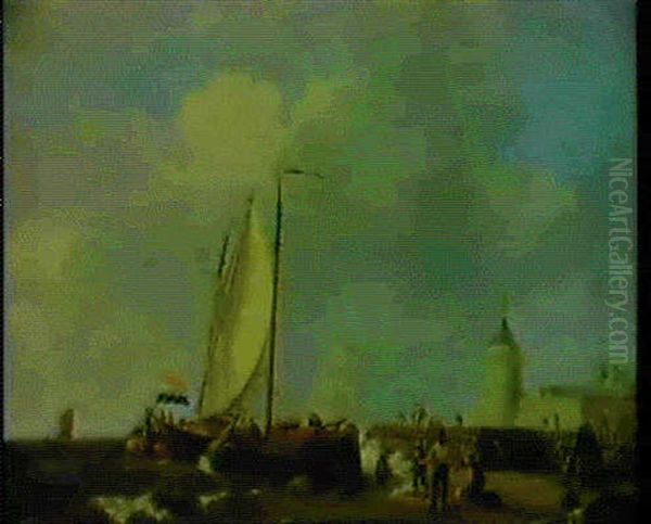 Fishing Boats Off A Jetty Oil Painting by Johannes Hermanus Barend Koekkoek
