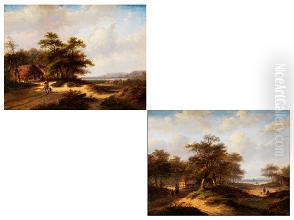 Weite Landschaften Mit Strohgedeckten Hausern Unter Baumgruppen (pair) Oil Painting by Marinus Adrianus Koekkoek
