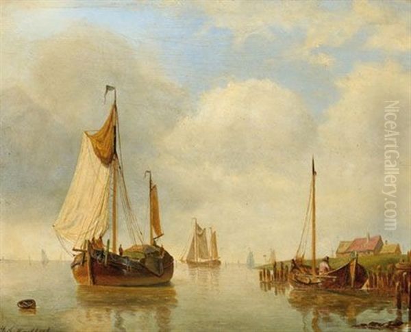 Sailing Ships On A Calm Sea Oil Painting by Marinus Adrianus Koekkoek