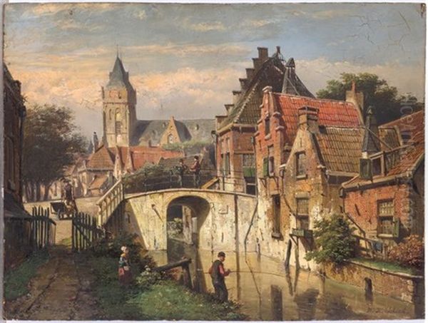 An Angler Beside A Canal At The Edge Of A Town Oil Painting by Willem Koekkoek