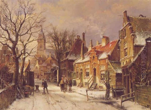 Figures In A Snowy Street Of A Dutch Town Oil Painting by Willem Koekkoek