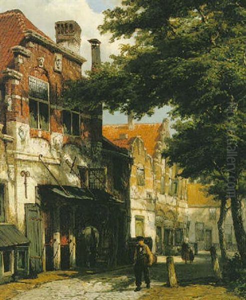 A Dutch Street Scene Oil Painting by Willem Koekkoek