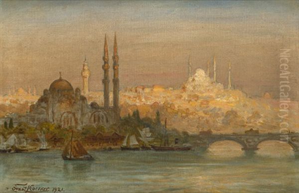 Blick Auf Istanbul Mit Der Yeni Moschee Und Der Suleymaniye-moschee Oil Painting by Ernest Karl Eugen Koerner