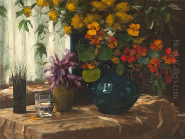 Blumenstillleben (kapuziner Mit Blauer Vase Und Herbstzeitlosen) Oil Painting by Alexander Max Koester