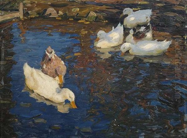 Sechs Enten Im Teich Oil Painting by Alexander Max Koester