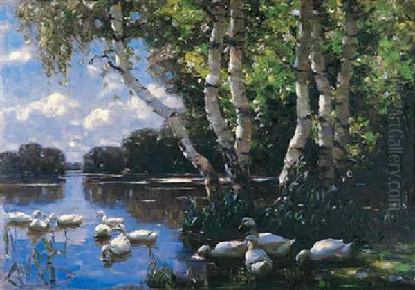 Elf Enten Unter Birken Und Im Wasser Oil Painting by Alexander Max Koester