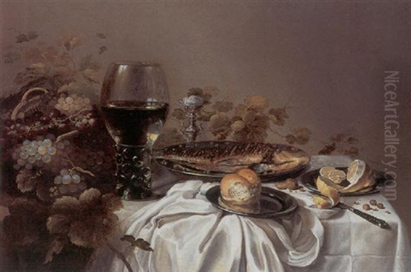 Still Life Of A Fish, Bread, A Peeled Lemon, Grapes In A Basket, A Salt And Roemer, All On A Draped Table Oil Painting by Roelof Koets the Elder