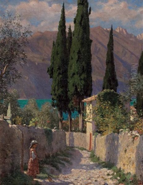 Kleines Madchen Futtert Zwei Vogel An Einem Weg Am Gardasee Oil Painting by Julius Koehler