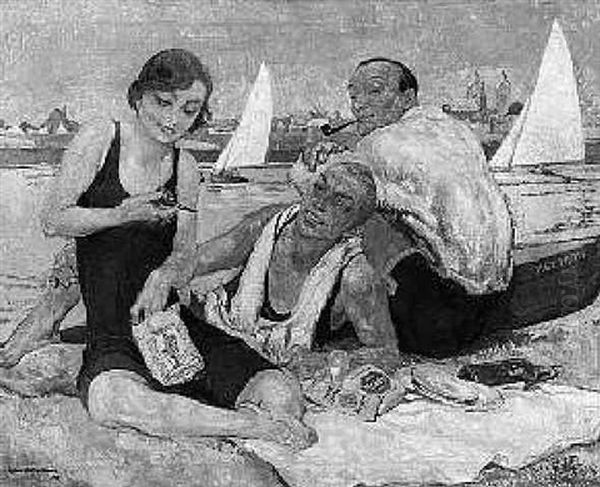 Pfeiferauchen Nach Einem Picknick Am Strand Oil Painting by Hans Kohlschein