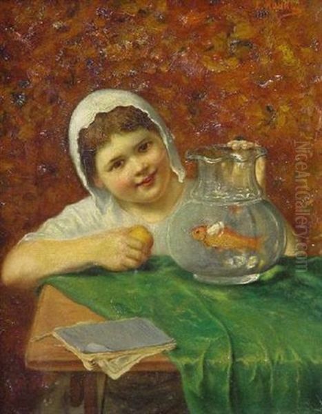Madchen Mit Einem Goldfisch Im Glas Oil Painting by Ludwig Kohrl