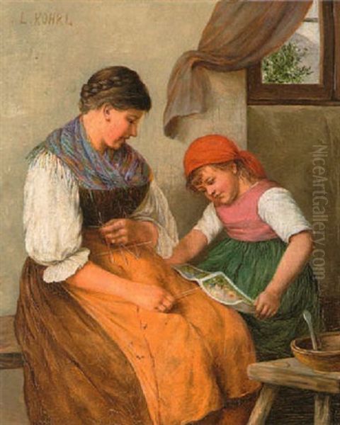 Junge Bauerin Mit Ihrer Tochter Oil Painting by Ludwig Kohrl