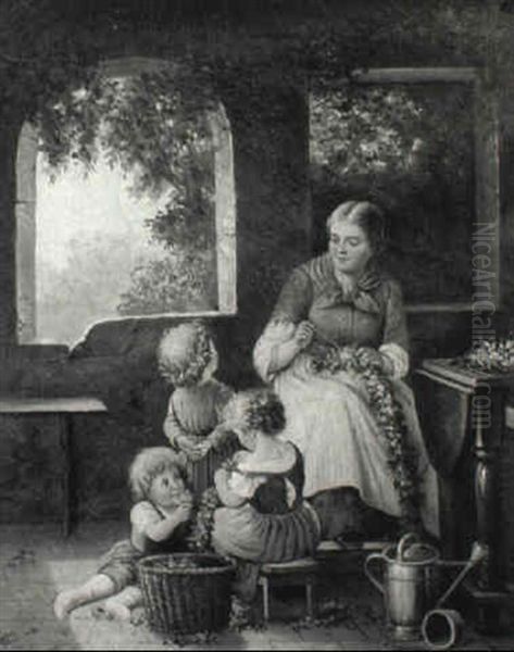 Floral Garlands For The Children Oil Painting by Ludwig Kohrl