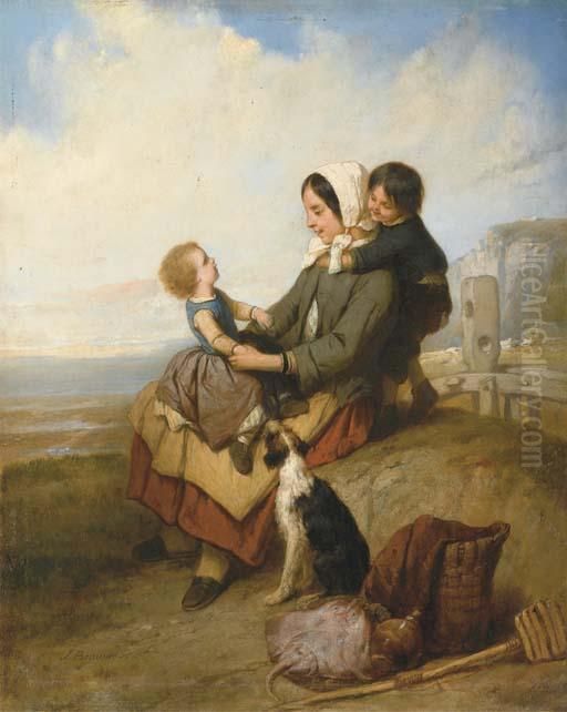 Jeune Mere Et Ses Enfants Sur Le Bord De Mer Oil Painting by Joseph Beaume