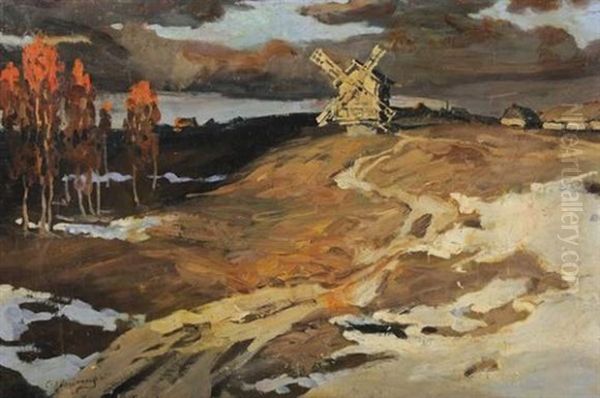 Moulin Sous La Neige Oil Painting by Sergei Kolesnikoff