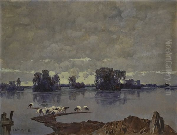 Winter Landscape With Storks Oil Painting by Stepan Feodorovich Kolesnikov
