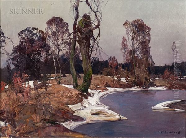 Pond In Winter Oil Painting by Stepan Feodorovich Kolesnikov