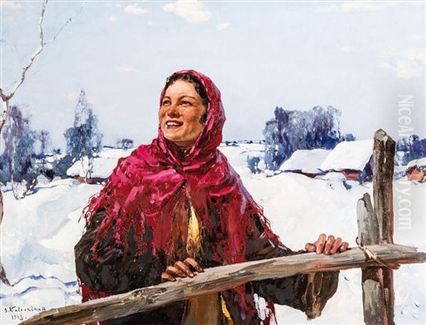 Peasant Girl In Winter Landscape Oil Painting by Stepan Feodorovich Kolesnikov