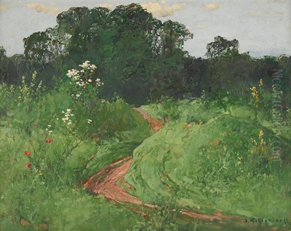 Verdant Landscape Oil Painting by Stepan Feodorovich Kolesnikov