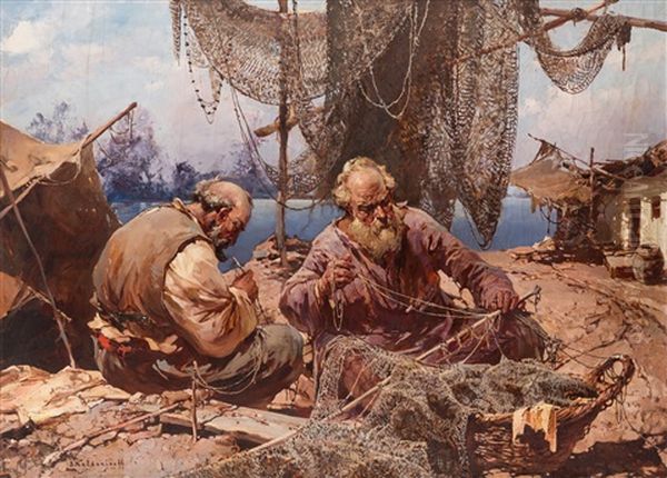 Fishermen Mending The Nets Oil Painting by Stepan Feodorovich Kolesnikov