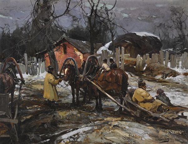 Farmyard Oil Painting by Stepan Feodorovich Kolesnikov