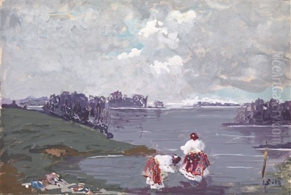 Laundry Day Oil Painting by Stepan Feodorovich Kolesnikov