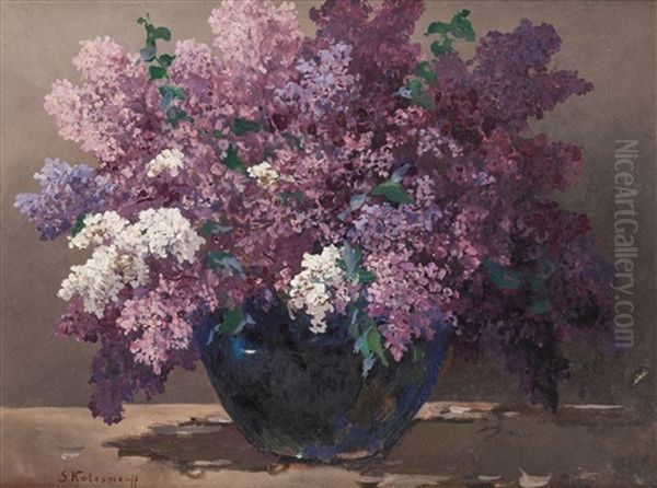 Lilacs In A Blue Vase Oil Painting by Stepan Feodorovich Kolesnikov